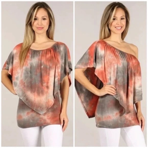 Tops - Rust Gray Multi Way Tie Dye Boho One Shoulder Top